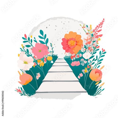 Winding path through a green forest with tall trees and wild plants in nature scenery