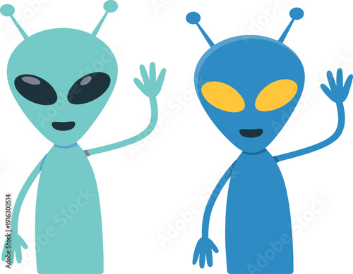 Cute alien character set waving hand, friendly extraterrestrial being illustrations, colorful flat vector space icon