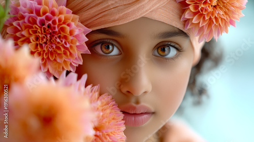 Girl with flowers in light space. A young girl looks at the camera surrounded by large orange flowers. She wears a head wrap and smiles gently.