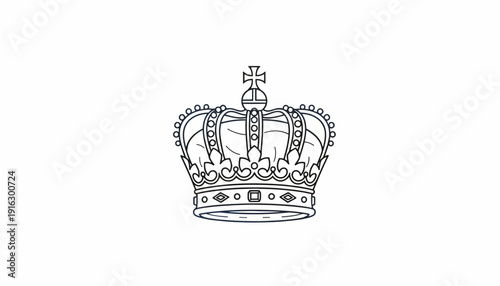 Royal Crown Outline Drawing, Symbol of Power and Royalty, Isolated on White Background