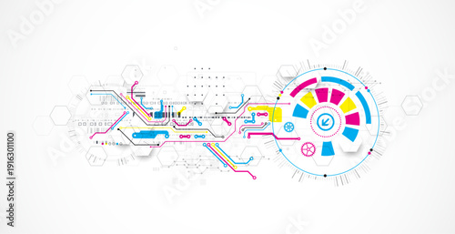Abstract technological background with various elements. CMYK concept. Vector