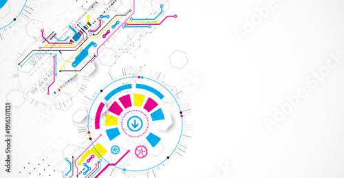 Abstract technological background with various elements. CMYK concept. Vector