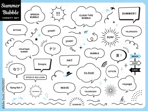 夏のフキダシセット／矢印, キラキラ, 波線のグラフィック　星, 太陽, 鳥 , 魚, 帽子, 看板のイラストなどの詰め合わせ