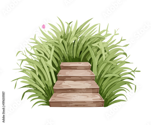 Narrow Wooden Stairs Path Surrounded By Thick Green Grass And Nature Plants For A Secret Garden Illustration