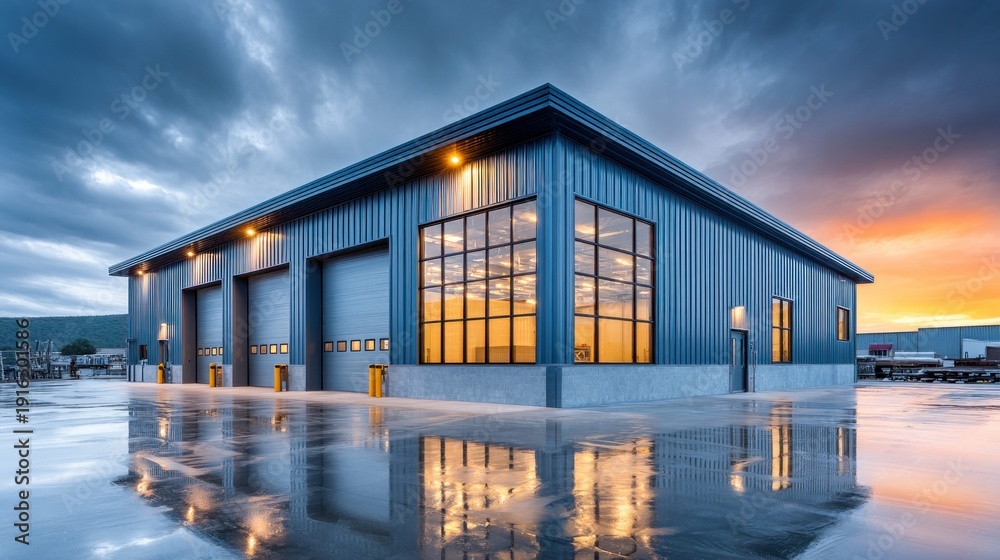 Fototapeta premium Modern industrial building with large windows and garage doors reflects in wet pavement at sunset