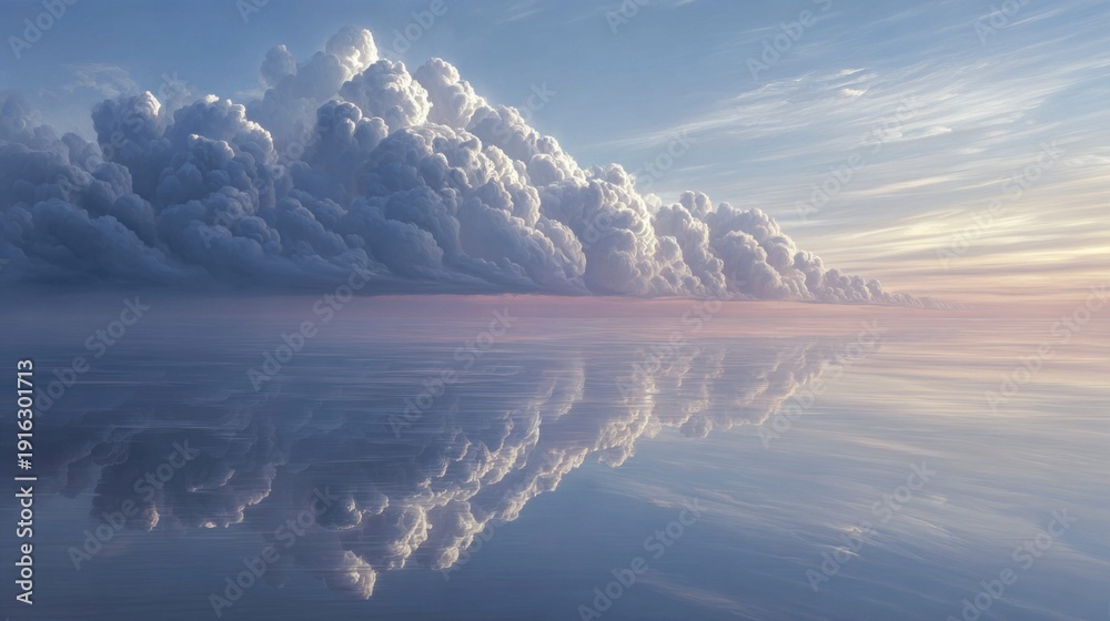Fototapeta premium Dramatic cumulonimbus clouds reflected perfectly on a calm, serene ocean surface at sunset