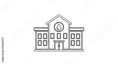 Outline icon of a building with a water drop symbol on it