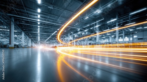 Modern factory interior with light trails, symbolizing speed and efficiency in production