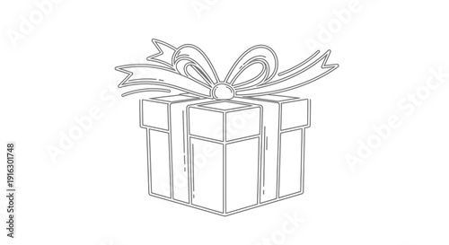 Outline of a Gift Box with Ribbon Bow, Simple Line Art, Isolated on White Background