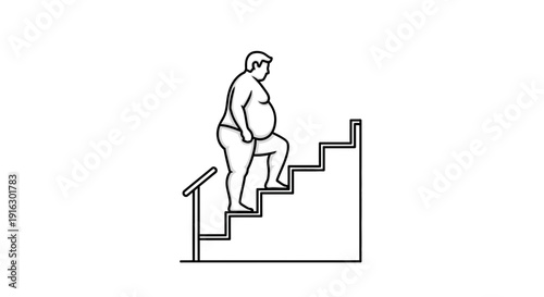Overweight man climbing stairs, symbolizing health challenge and weight loss journey