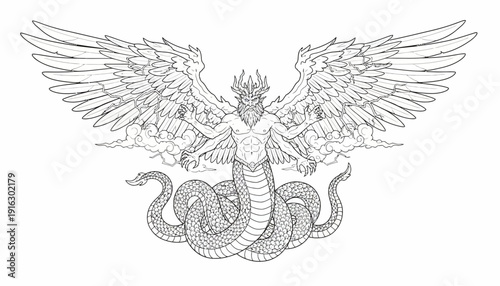 Mythological Creature: Winged Serpent with Humanoid Torso and Crown