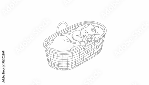 Newborn baby sleeping peacefully in a woven bassinet, serene and tranquil moment