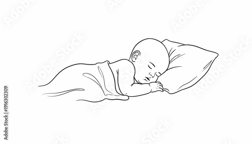 Newborn baby sleeping peacefully on a pillow, covered by a blanket, black and white illustration.