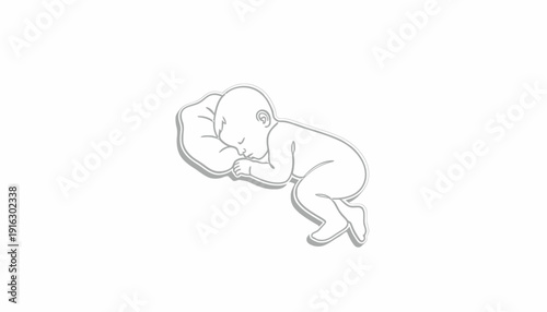 Newborn baby sleeping peacefully on a soft pillow, line art illustration
