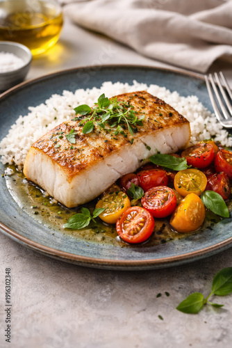 Grilled White Fish Fillet Served with Steamed Rice and Fresh Cherry Tomatoes in Olive Oil Sauce on Elegant Ceramic Plate