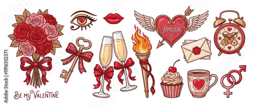 Romantic Valentine Day Element Set with Rose Bouquet Winged Heart Champagne Flutes Key and Love Letters Vintage Hand Drawn Vector Illustration