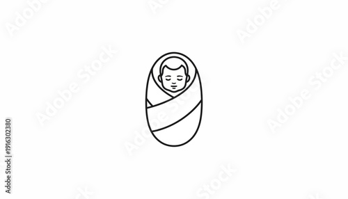 Newborn Baby Wrapped in Swaddle Blanket, Minimalist Line Art Icon