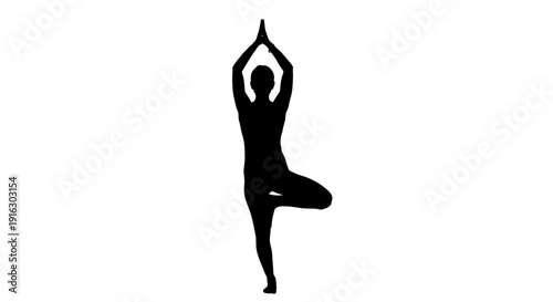 Silhouette of a woman practicing yoga in a serene pose, standing on one leg with arms raised high.