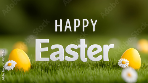 Easter fun with bright eggs!. Easter celebration features bright yellow eggs on green grass with white daisies in the background.