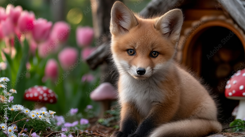 Obraz premium Fox cub in garden with blooms. A small fox cub is resting in a garden filled with colorful flowers and mushrooms. It looks curious and playful.