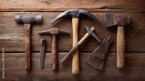 Variety of vintage hammers and tools on rustic wooden surface