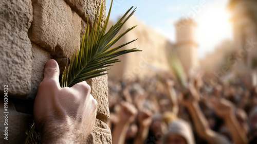 Hand displays a palm frond from behind a weathered stone wall, witnessing the jubilant crowd celebrating the triumphal entry into Jerusalem, marking Palm Sunday. Palm Sunday ,