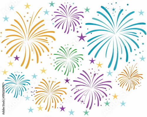 Colorful fireworks display with stars against a white background