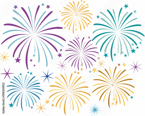 Colorful fireworks display with vibrant bursts and scattered sparkles