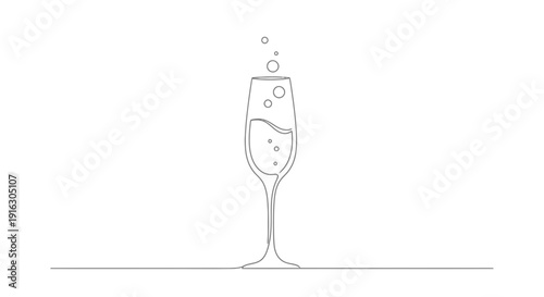 Minimalist single line drawing of champagne flute with bubbles and liquid