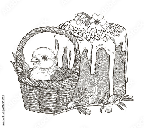 Cute chick in flower basket with Easter cake vector illustration in vintage sketch style. Festive rabbit with lace bow and willow. Hand drawn outline art for holiday design and spring card template.