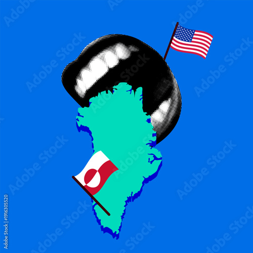 Greenland Crisis. Metaphorical collage of a mouth biting a map of Greenland