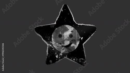 A black and white animated peeling sticker in a grunge printed style with roughened torn paper edges.
