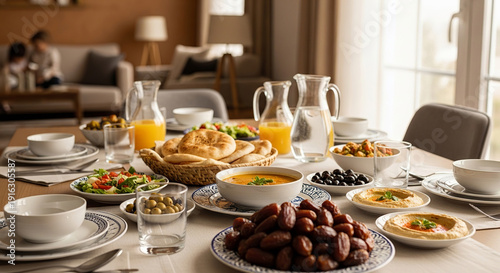 Wallpaper Mural Abundant iftar dinner table setting with variety of traditional mediterranean food including dates hummus pita bread salad and orange juice for ramadan celebration Torontodigital.ca
