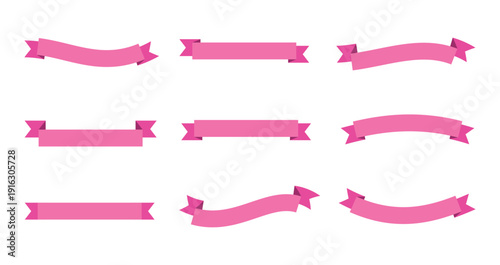 Pink ribbon banner set. Decorative curved and straight ribbon labels collection. Blank ribbon elements for invitations and celebration design.