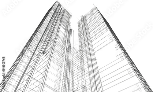 Modern skyscraper building wireframe architectural construction, urban city skyline blueprint, high-rise tower vector illustration