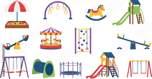 Comprehensive set of colorful playground equipment icons featuring slides, swings, see-saws, a carousel, climbing walls, and a sandbox for park design.