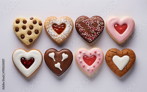 Assorted heart shaped cookies on a light gray surface