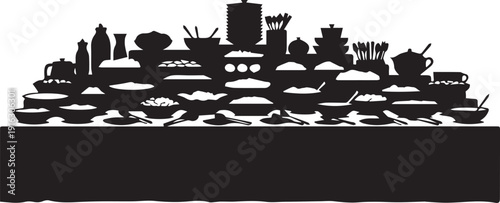 Buffet table with various dishes silhouette vector illustration for restaurant and catering