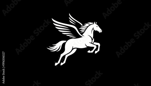 Majestic White Pegasus Flying Against Black Background, Mythological Creature, Fantasy Art