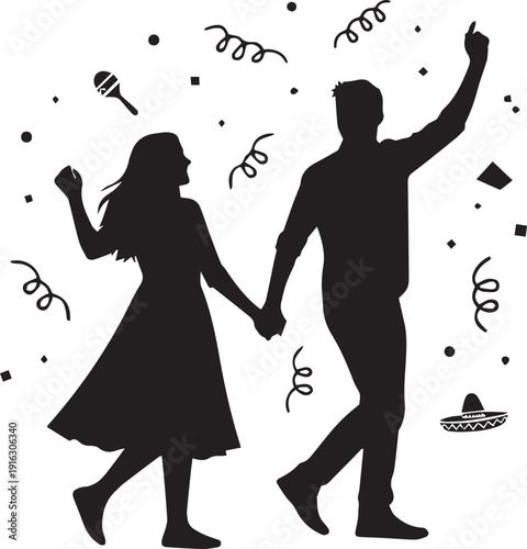 Couple dancing at party with confetti and streamers vector illustration