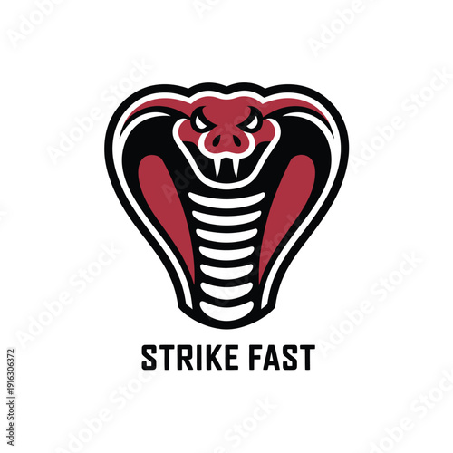 A logo of a red and black cobra with the words Strike Fast