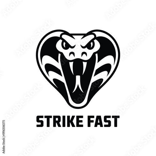 A black and white logo of a cobra with the words Strike Fast