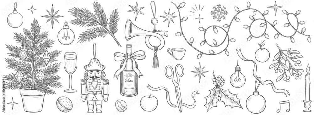 Obraz premium Christmas Holiday Hand Drawn Element Set with Nutcracker Christmas Tree Champagne and Decorations Minimalist Line Art Vector Illustration