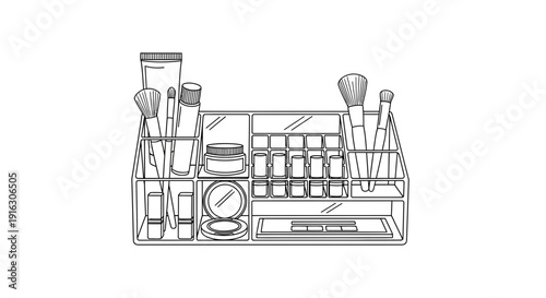 Makeup Organizer with Brushes, Lipsticks, and Cosmetics - Line Art