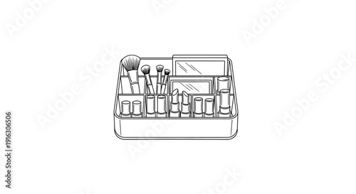 Makeup Organizer with Lipsticks, Brushes, and Compacts - Line Art Illustration