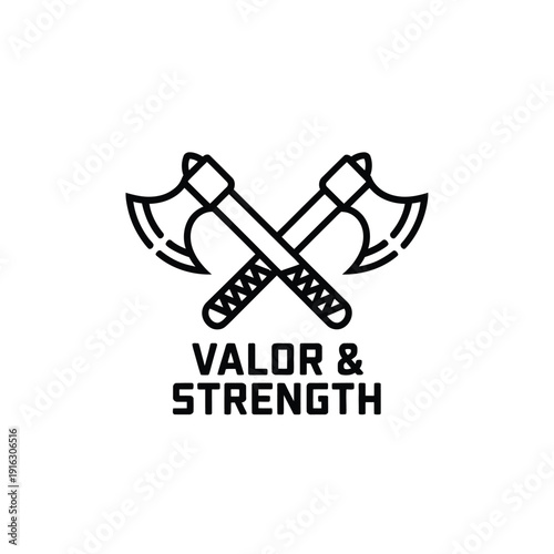 A logo featuring crossed axes with the words Valor & Strength
