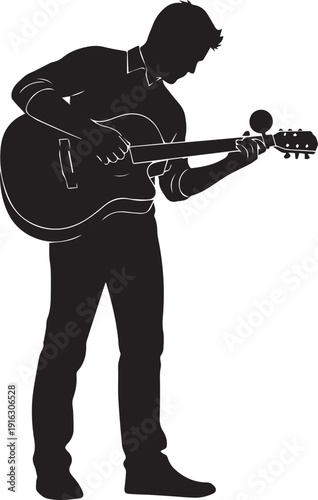 Musician playing acoustic guitar silhouette vector illustration standing performer line art