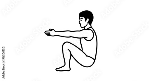 Man in squat position with arms extended forward, side view, black and white illustration