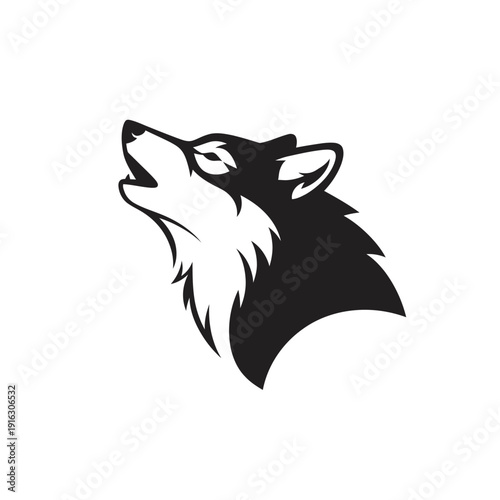 Howling Wolf Head Silhouette Logo, Wild Animal Emblem, Black and White