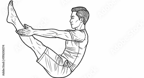 Man practicing yoga boat pose (Paripurna Navasana) in a studio, focus on core strength and balance.